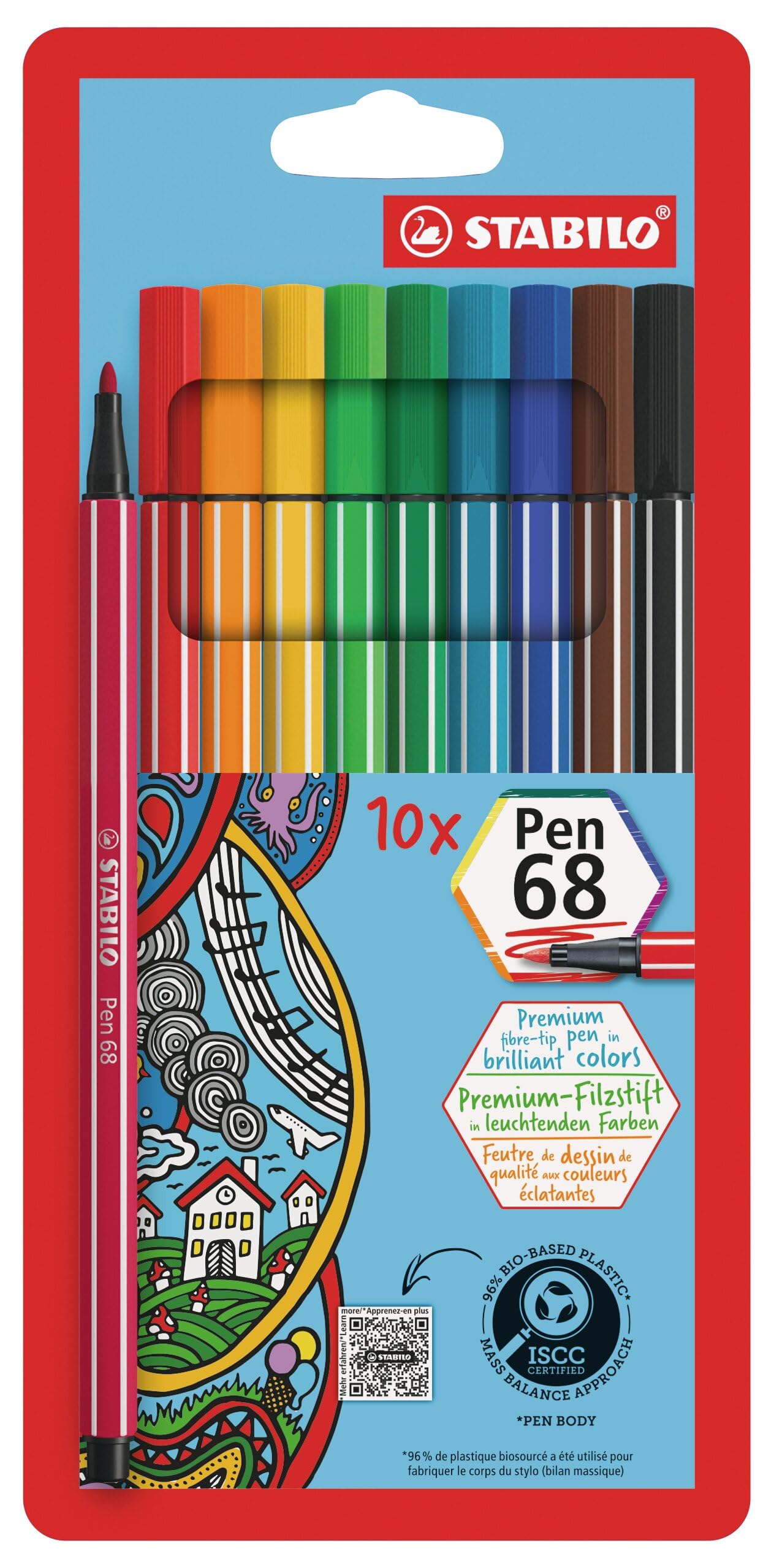 STABILO Pen 68 - Premium Fibre-Tip Pen - Pack of 10 - Assorted Colours