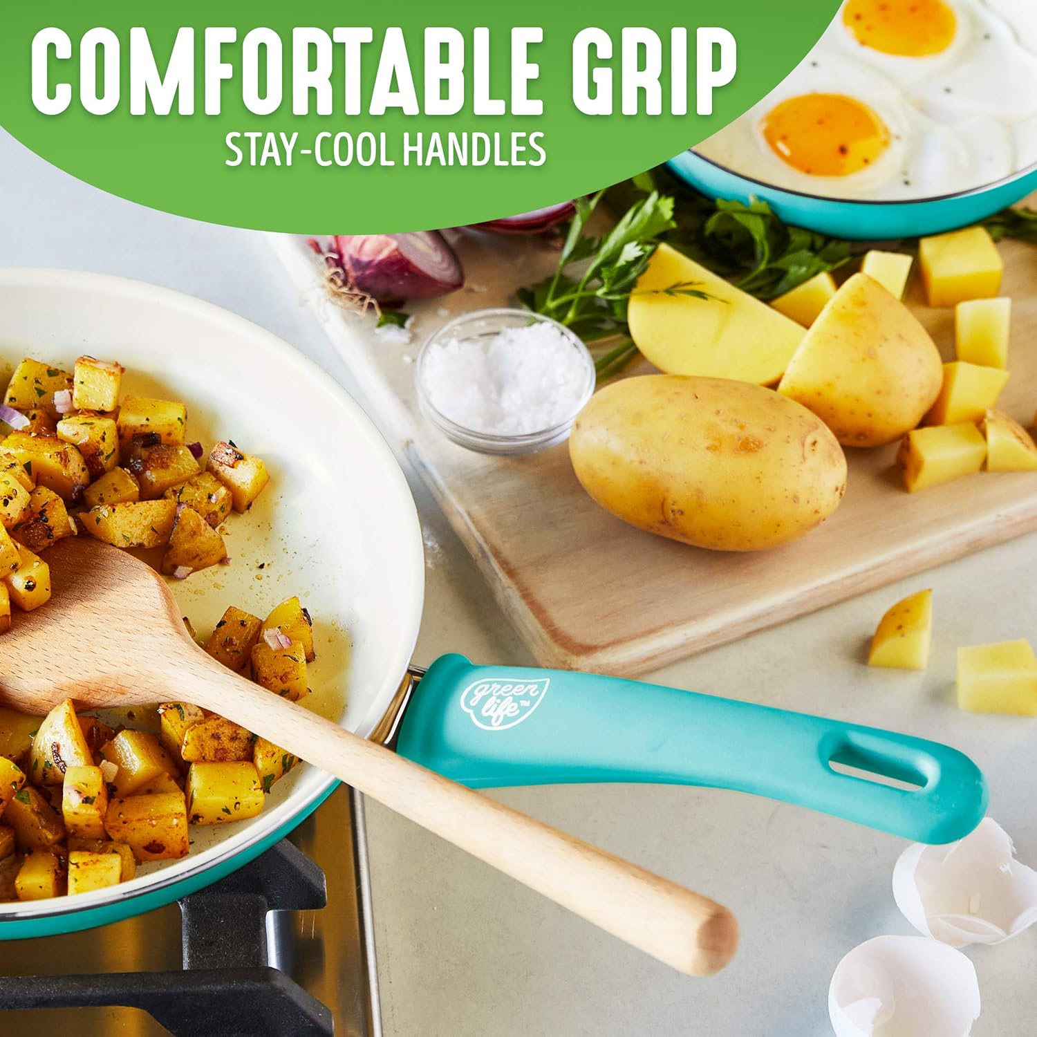 GreenLife Soft Grip 12" Ceramic Non-Stick Covered Jumbo Sauté Pan, Turquoise: Kitchen & Dining