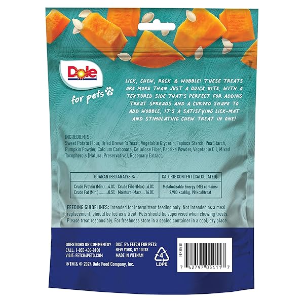 DOLE FOR PETS FRESHLY FETCHED LASTING CHEW PUMPKIN FLAVOR DOG TREATS, MEDIUM AND LARGE BREEDS, NO WHEAT, CORN, SOY, ARTIFICIAL FLAVORS, COLORS, OR ANIMAL PRODUCTS, 8 OUNCES, 5 CHEWS