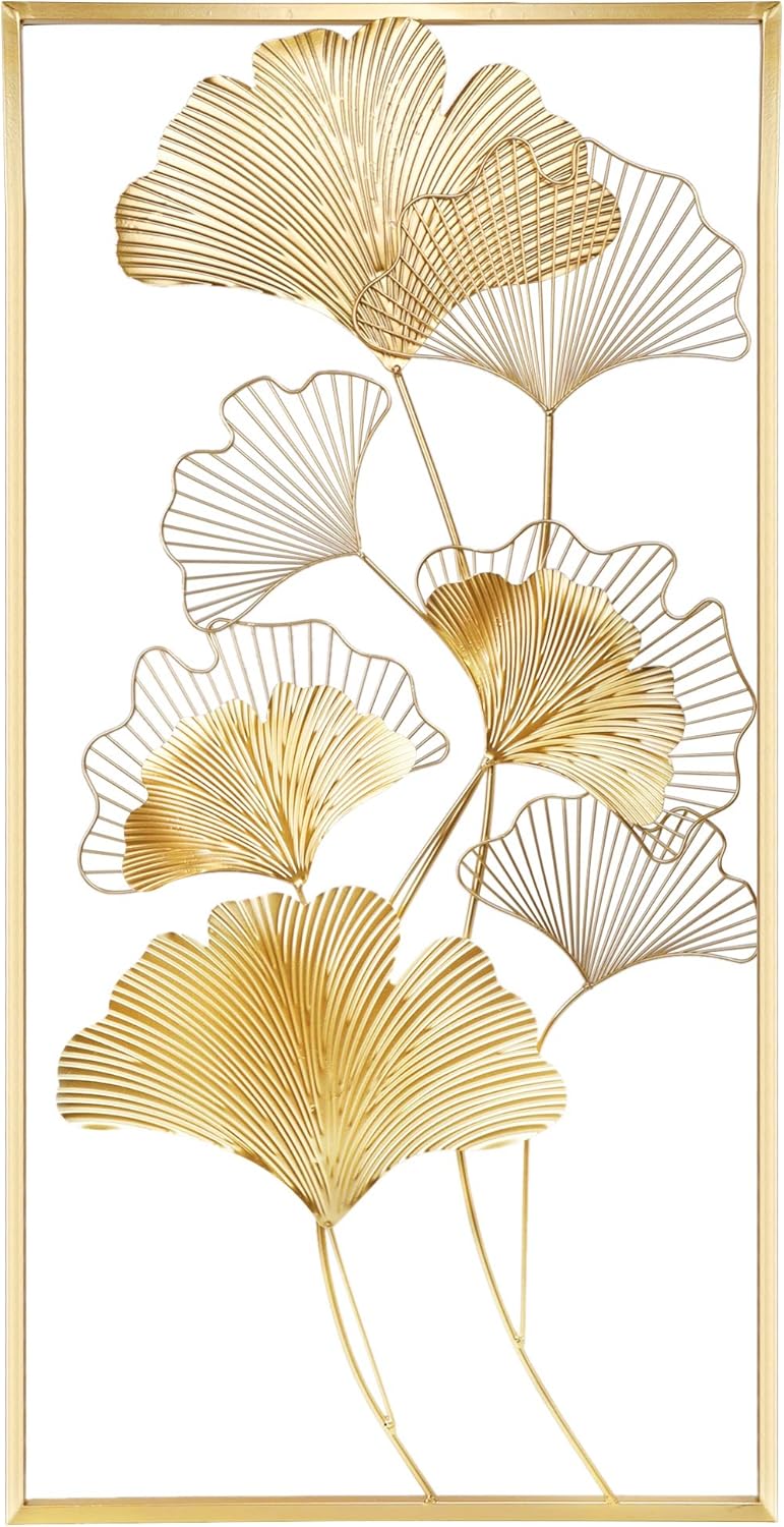 Lulu Home Metal Wall Decor, 39" X 20" Golden Ginkgo Leaf Wall Hanging Decor with Frame, Golden Metal Art Wall Sculpture for Living Room, Office, Study, Large: Everything Else