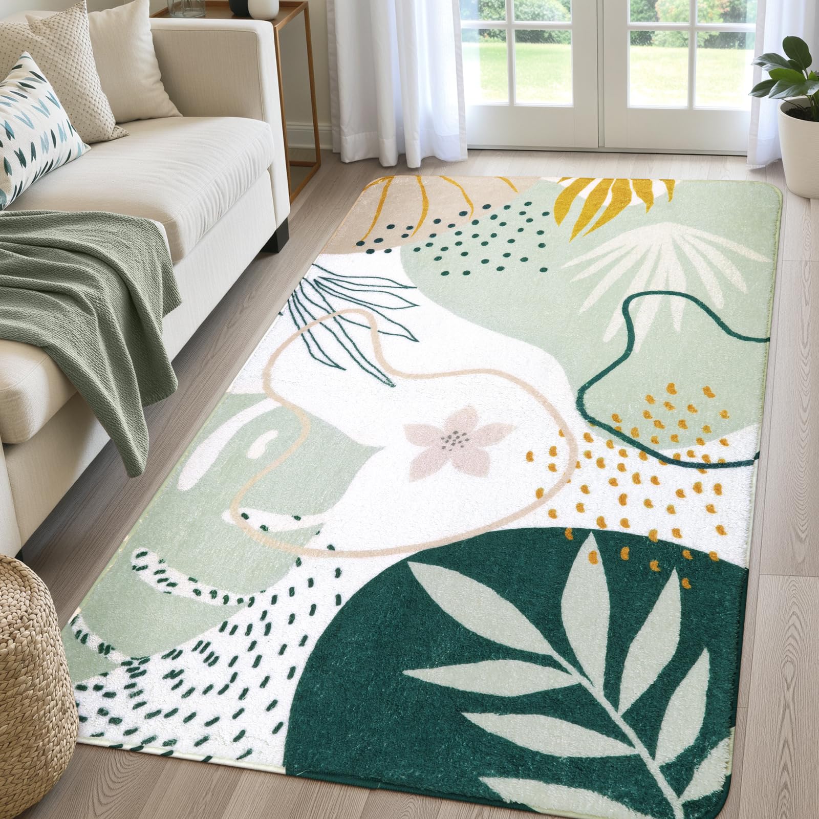 Photo 1 of Lahome Green Botanical Print Small Throw Rugs Modern Abstract Non-Slip 3x5 Minimalist Art Area Rug Accent Distressed WashableFloor Carpet for Living Room Bedroom Entryway