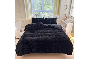 chovy Kids Girls Rabbit Plush Black Bread Grid Comforter Cover Duvet Cover Full - 3PC Faux Fur Bed Set Soft Warm Velvet Flannel Fluffy Fuzzy Bedding（Comforter x 1 Pillowcases x 2）