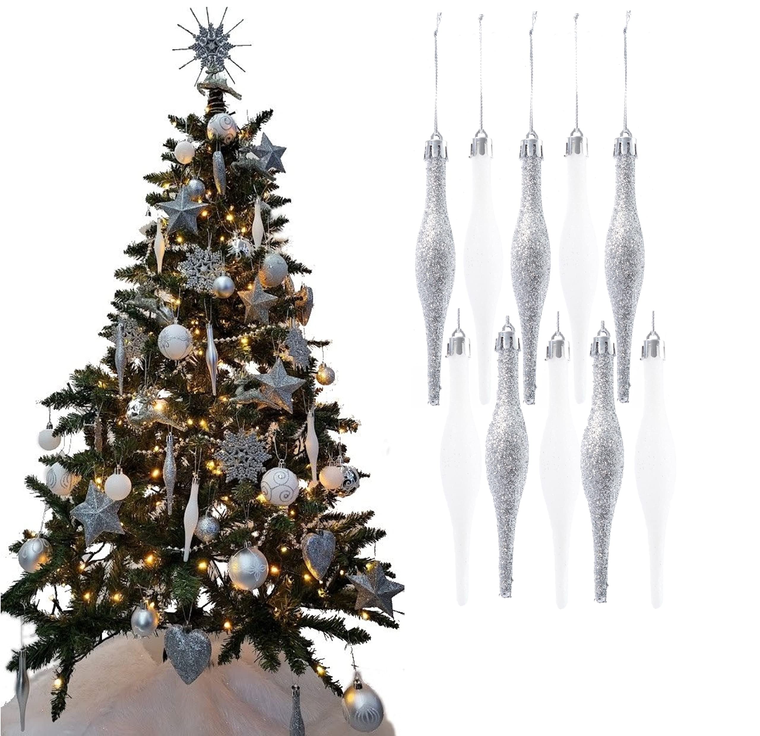Simply Products 10 Droplet Baubles - Great Christmas Tree Decoration, Matte & Glitter Icicle Baubles (Silver & White Glitter)