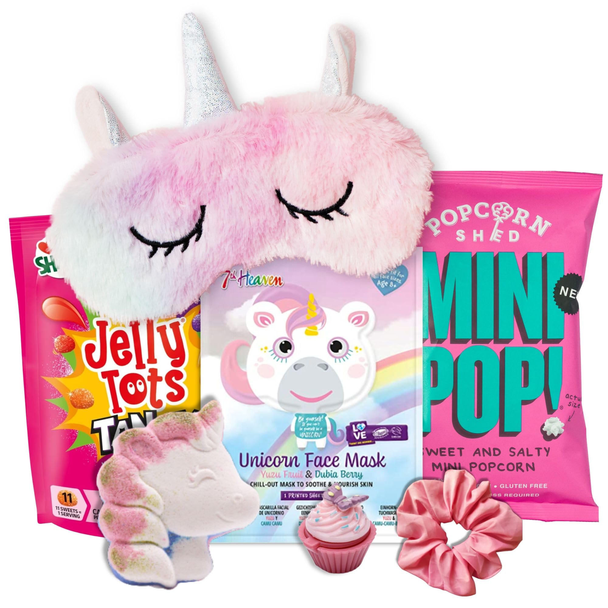 Pamper Set for Kids - Girls Unicorn Hamper with Unicorn Eye Sleep Mask, Bath Bomb, Lip Balm, Face Mask Sheet, Hair Scrunchie, Sweets and Popcorn