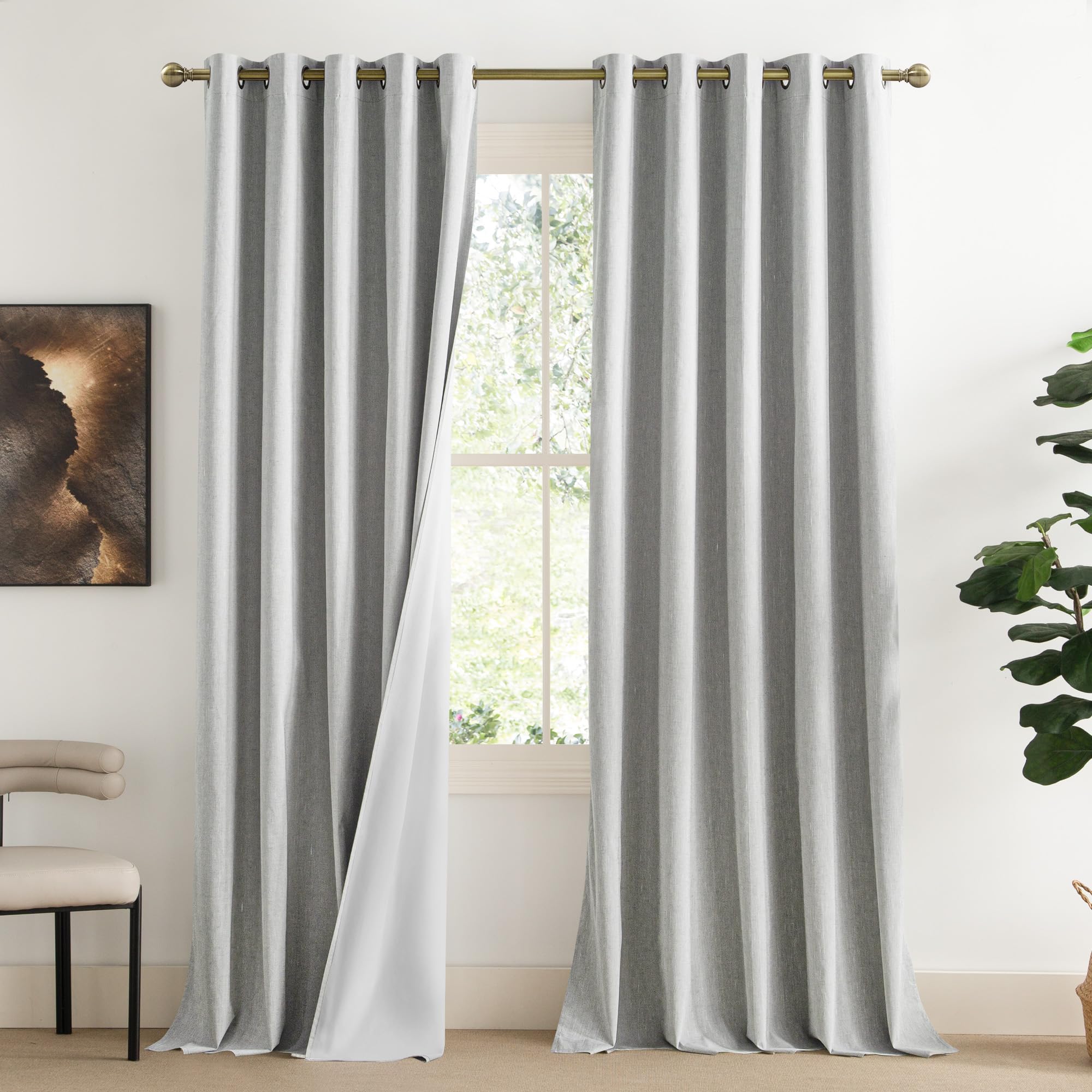 NICETOWN Grey Long Linen Full Shade Panels, 62" Wide x 102" Long, Pair of Thermal Insulated & Energy Efficiency Blackout Curtains for Living Room Windows, Lined Silky Performance Window Dressing