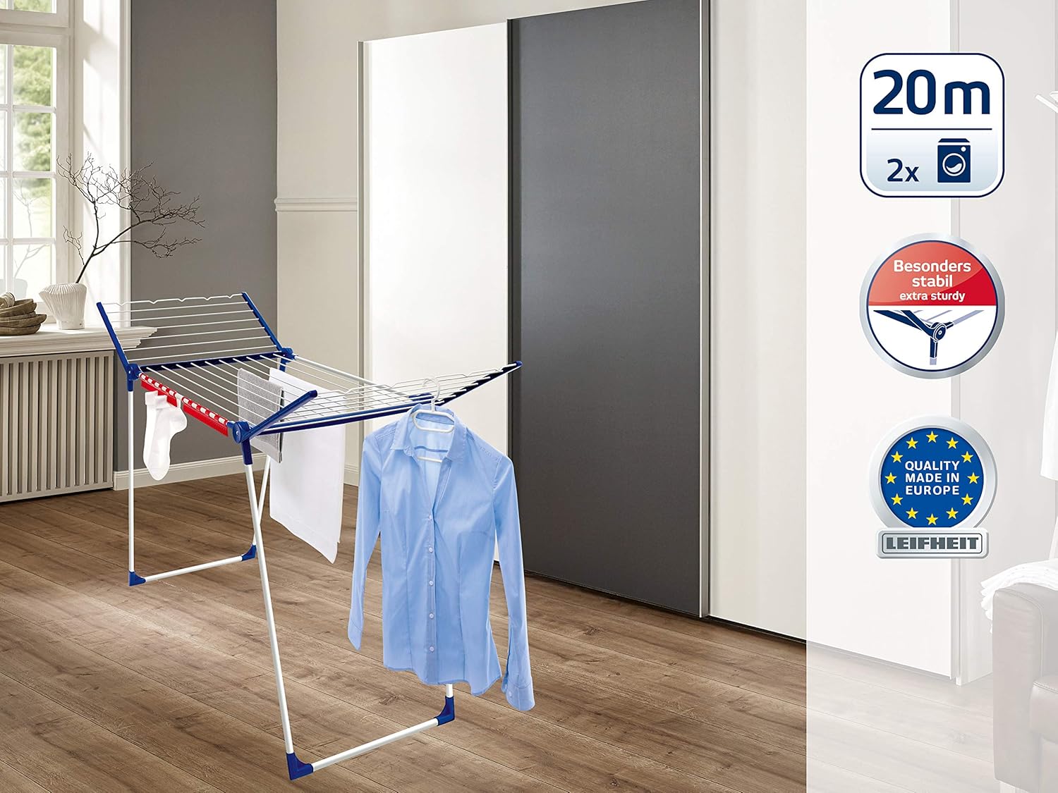Leifheit Pegasus 200 Solid Standing Clothes Airer, Foldable Clothes Rack for Outdoor & Indoor - Image 3