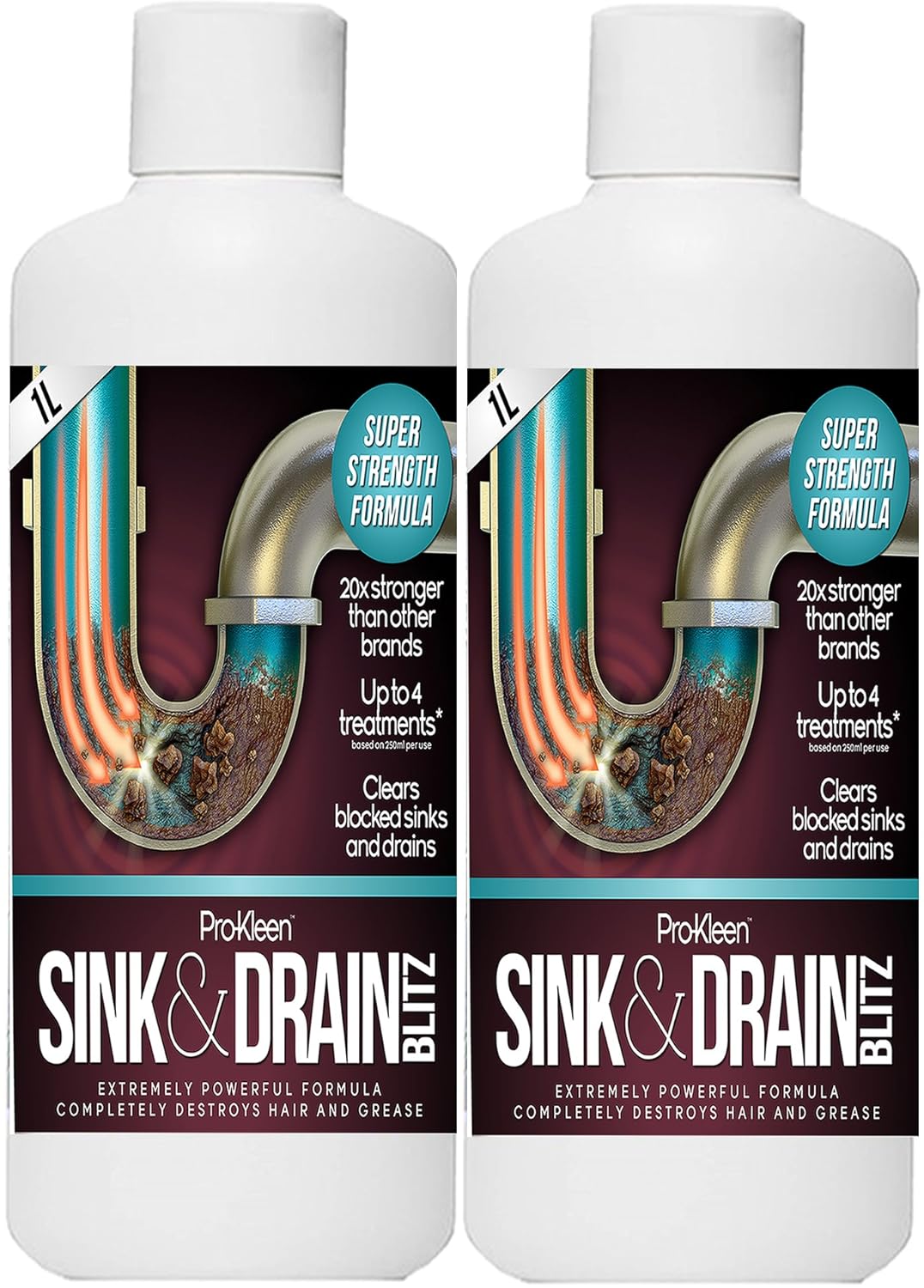 ProKleen 2 x 1 Litres Plughole Sink & Drain Unblocker (Super strength