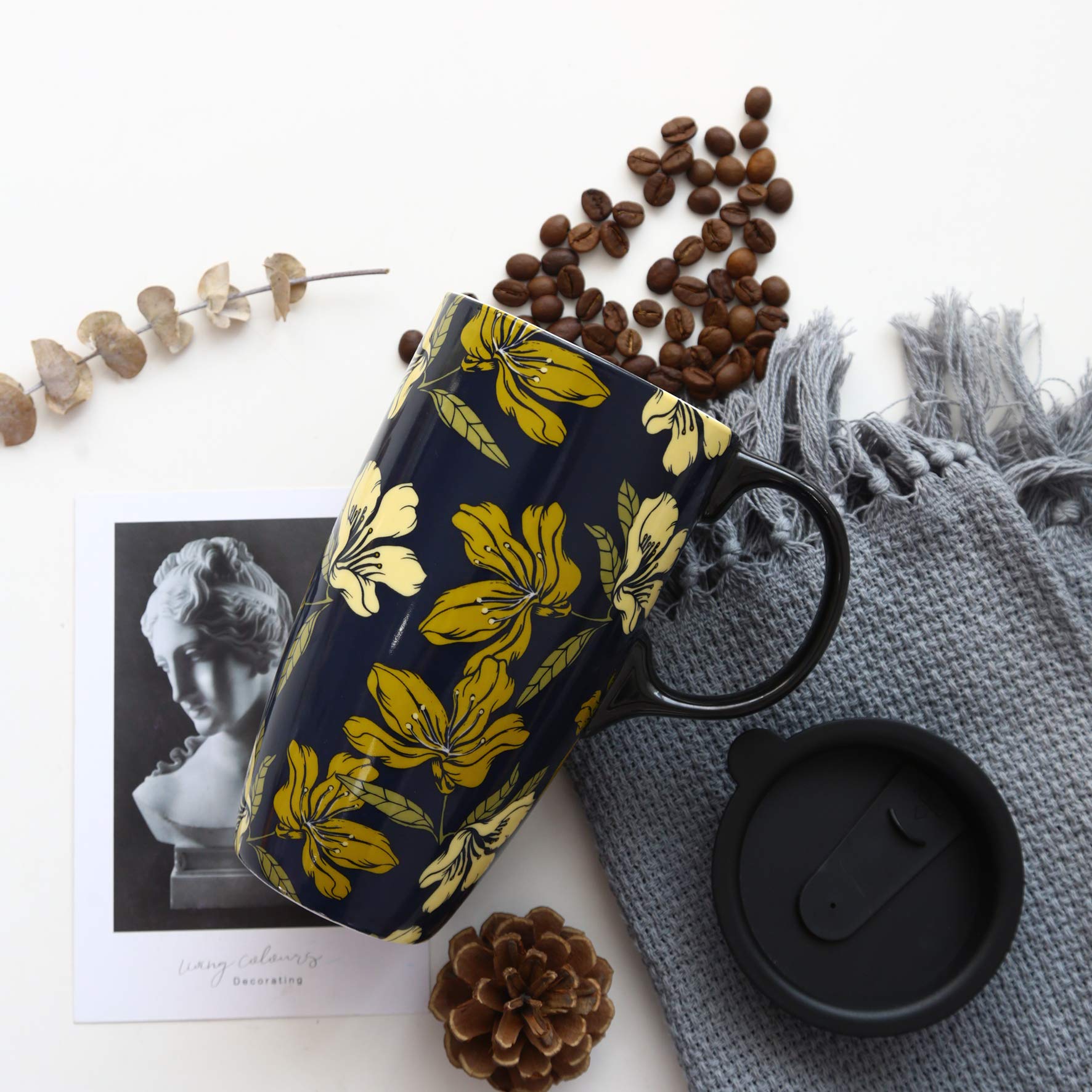 DUSVALLY Ceramic Mug Large Coffee Cup Tall Mugs Porcelain Latte Tea Cup with Lid 17oz,Yellow