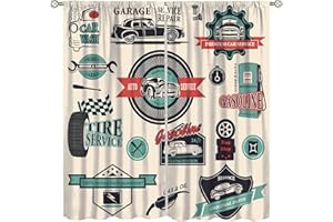 AuiMzoo Vintage Curtains, Highway Side Classic Car Auto Repair Shop Gas Station Sign, Bedroom Living Room Kitchen Rod Pocket Curtains42X45 Inch