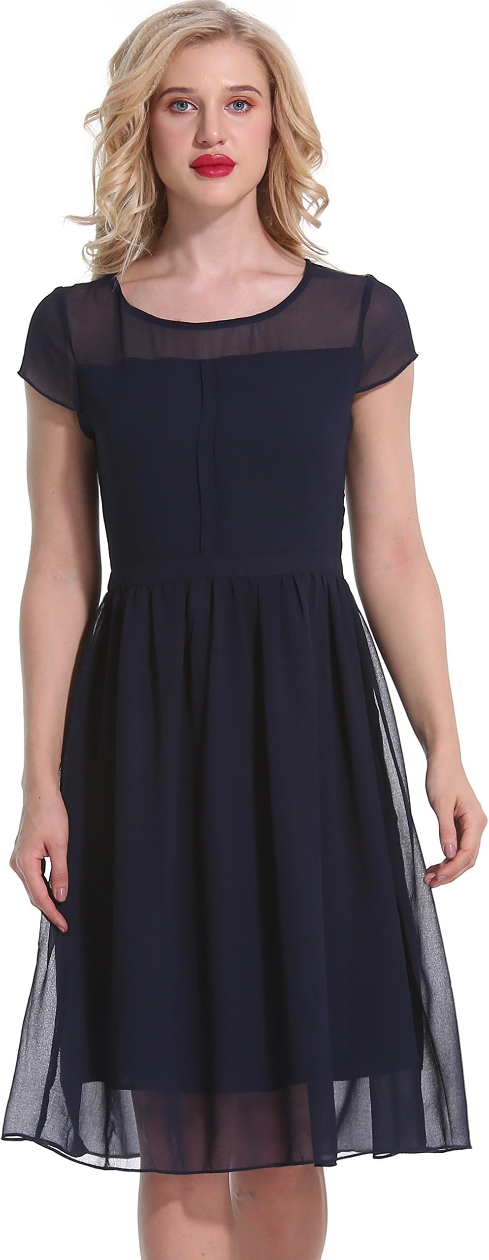 Mesisan Women's Solid Color Fit and Flare Cocktail Party Pleated Chiffon Dress