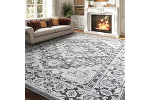 Lessymo 8 x 10 Area Rugs for Living Room- Machine Washable Area Rugs Boho Faux Wool Low Pile Area Rug for Bedroom, Floral Medallion Vintage Rugs with Non-Slip Rubber, Kid & Pet Friendly, Grey White
