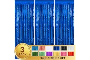 PABUES 3 Pack 3.3 x 6.6 FT Blue Foil Fringe Backdrop Curtain, Streamer Backdrop Curtains, Streamers Birthday Party Decorations, Fringe Backdrop for Graduation, Baby Shower, Gender Reveal
