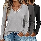 Oakgarden 3 Pack Long Sleeve Shirts for Women V Neck Lace Trim Loose Dressy Business Casual Top Blouse Fall Trendy Basic Tee