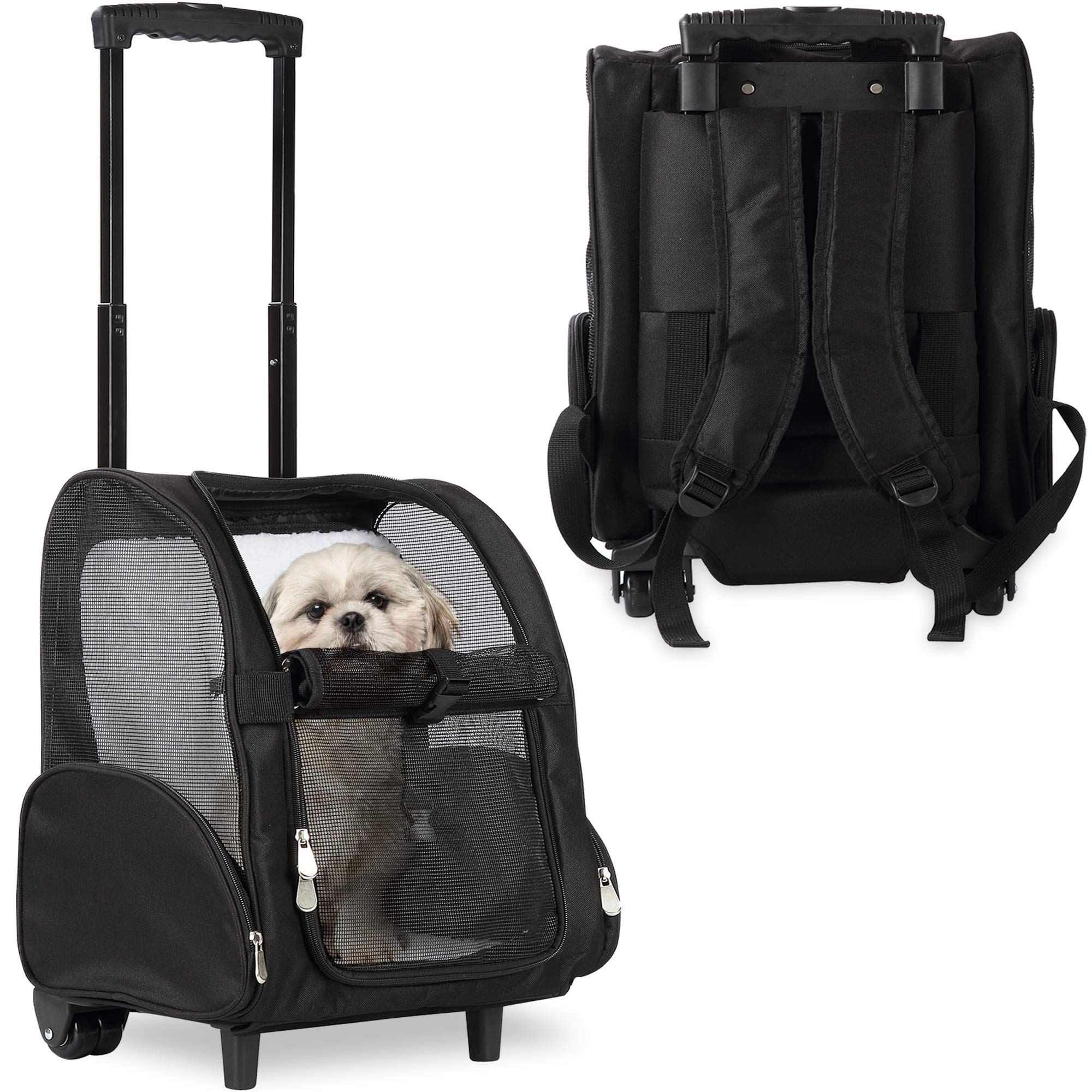 KOPEKS Travel Backpack with Wheels for Dogs, Cats, Pets - Travel Pet Carrier for Dogs - Large - Black