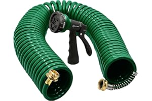 AUTOMAN Coil Garden Hose 50 ft, EVA Curly Water Hose with Brass Connectors, Recoil Garden Water Hose,Includes 7-Pattern Function Sprayer,Retractable,Corrosion Resistant Garden Coil Hose.