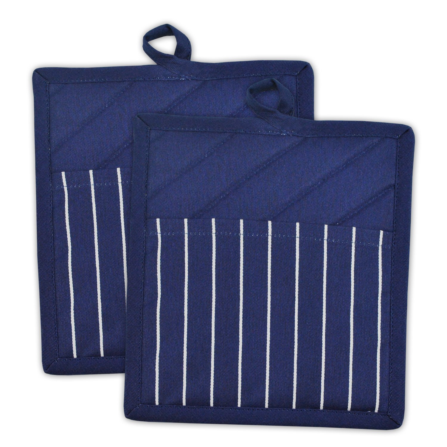 DII 100% Cotton, Machine Washable, Everyday Kitchen Basic, Chef Stripe Commercial Grade, Restaurant Quality Pot Holder Set of 2, Nautical Blue