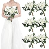 HOMENERGY Set of 6 Bridesmaid Bouquets for Wedding - 7 Inch Artificial Ivory Flower Bouquet for Party Ceremony Anniversary Dinning Table Centerpieces Decor - Ivory