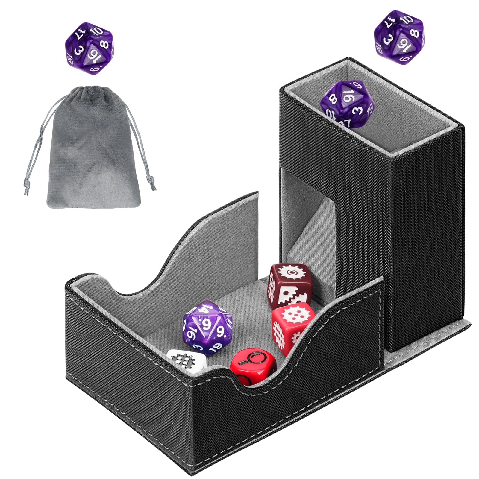 Jaffzora 3-in-1 Foldable Dice Tower & Magnetic Dice Storage Box, Premium Leather Dice Organiser with U-Shape Groove for D&D, MTG, RPG & Tabletop Games, Black & Gray