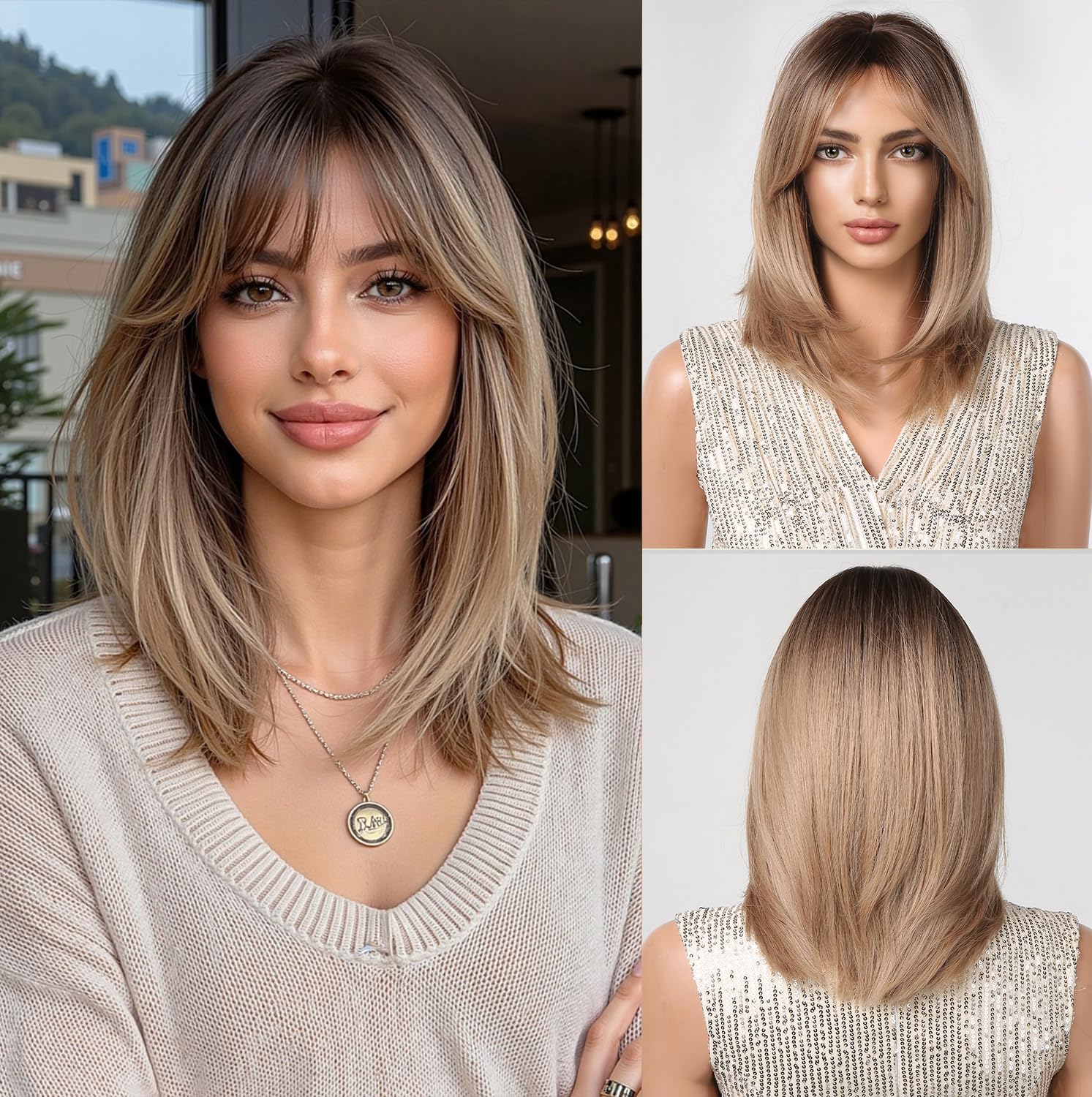 Esmee Short Straight Ombre Blonde Bob Wigs With Curtain Bangs Shoulder Length Natural Wig Synthetic Daily Party Cosplay Wigs for Women — image 1