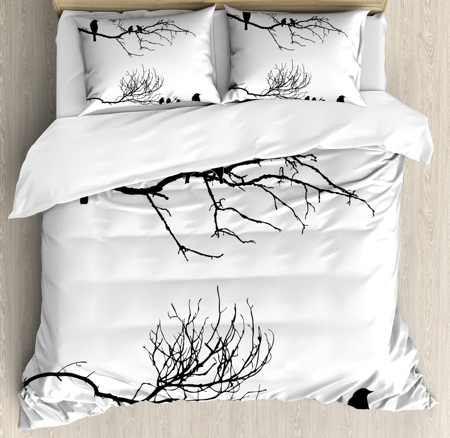 Lunarable Birds Duvet Cover Set, Monochrome Tree Branch with Ravens Silhouettes Abstract Sketch Style Bird Design, Decorative 3 Piece Bedding Set with 2 Pillow Shams, King Size, White Black
