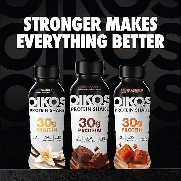 OIKOS PROTEIN SHAKE, SALTED CARAMEL, 30G HIGH PROTEIN DRINKS, SHELF STABLE, READY TO DRINK, 5G PREBIOTIC FIBER, 12 FL OZ BOTTLE, 12 COUNT