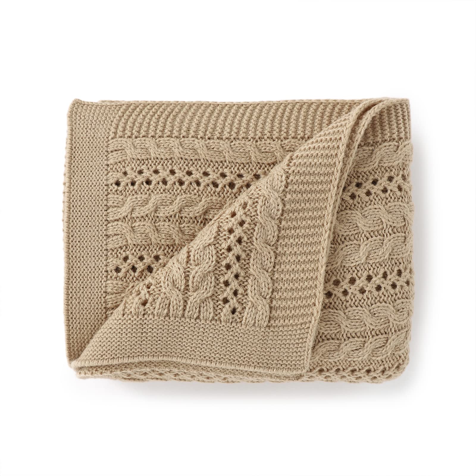 DovFanny Cellular Baby Blanket Cable Knitted Soft Cozy Newbron Baby Blanket for Boy and Girls Nursery 100 x 80cm Beige — image 1