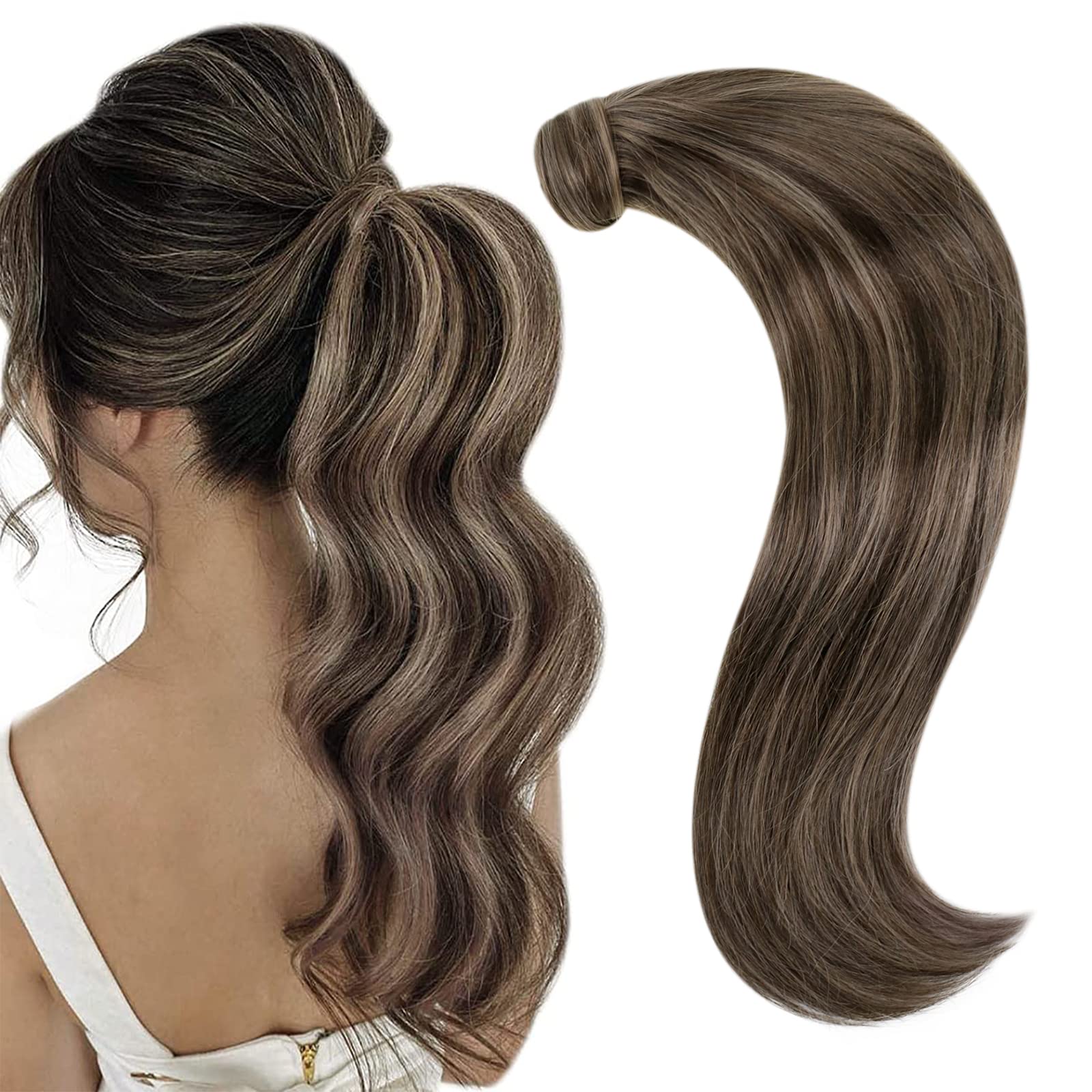 RUNATURE 20 Inch Ponytail Extension Human Hair Brown Highlight Real Hair Straight Wrap Around Ponytail Human Hair Extensions 80 Gram — image 1