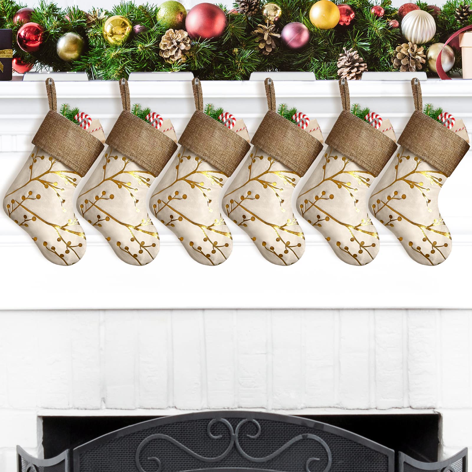 DecroXmas Christmas Stocking Set of 6 Mini 9 inch Xmas Sock Sack Candy Bronzing branches pattern with jute design for Home Party Decorations