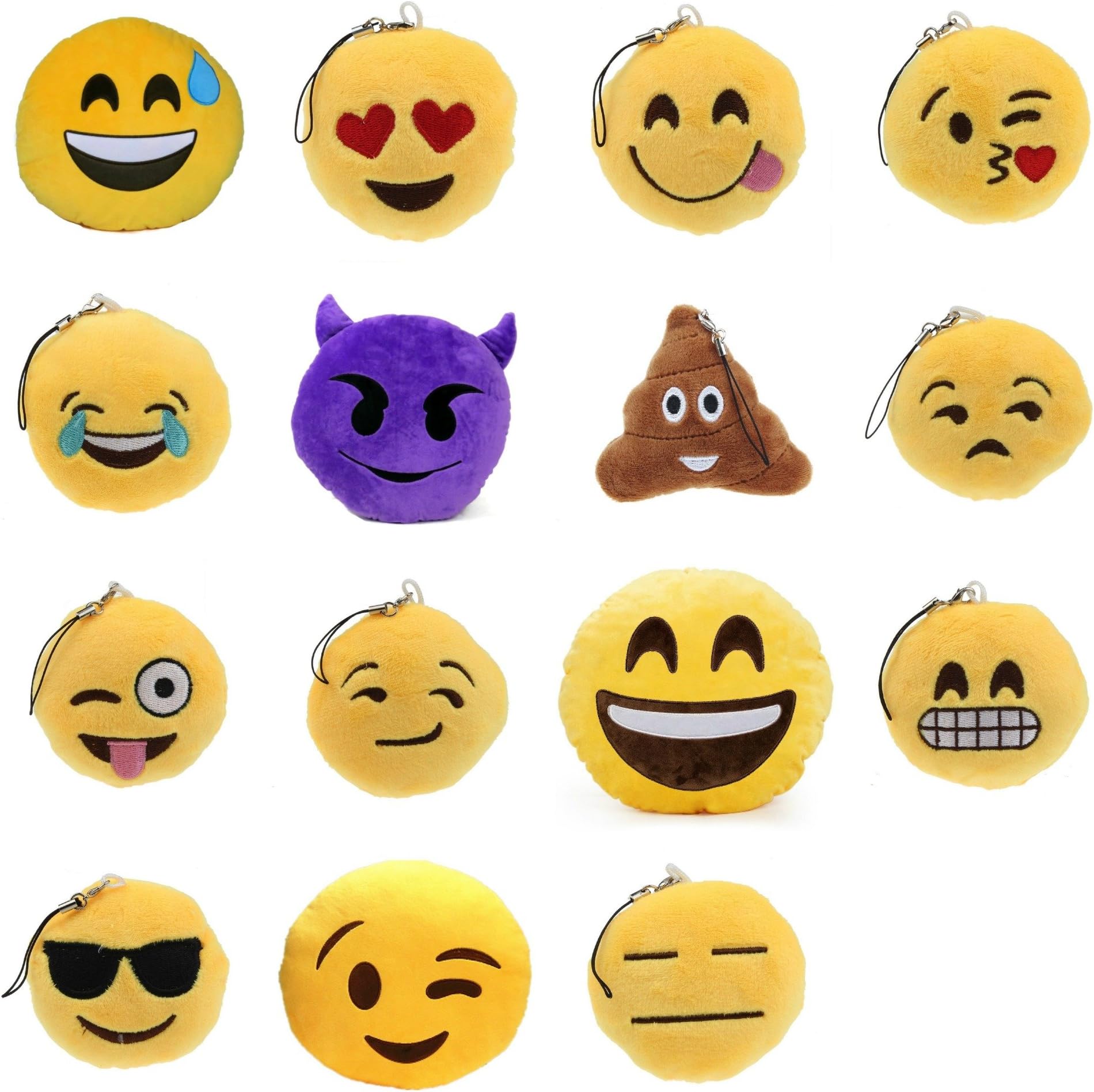 Exclusive Emoji Mini Pillow Plush Collection Set of 15 Emoji Key Chain Soft Toy Gift Purse Bag Backpack Accessory Party Favor