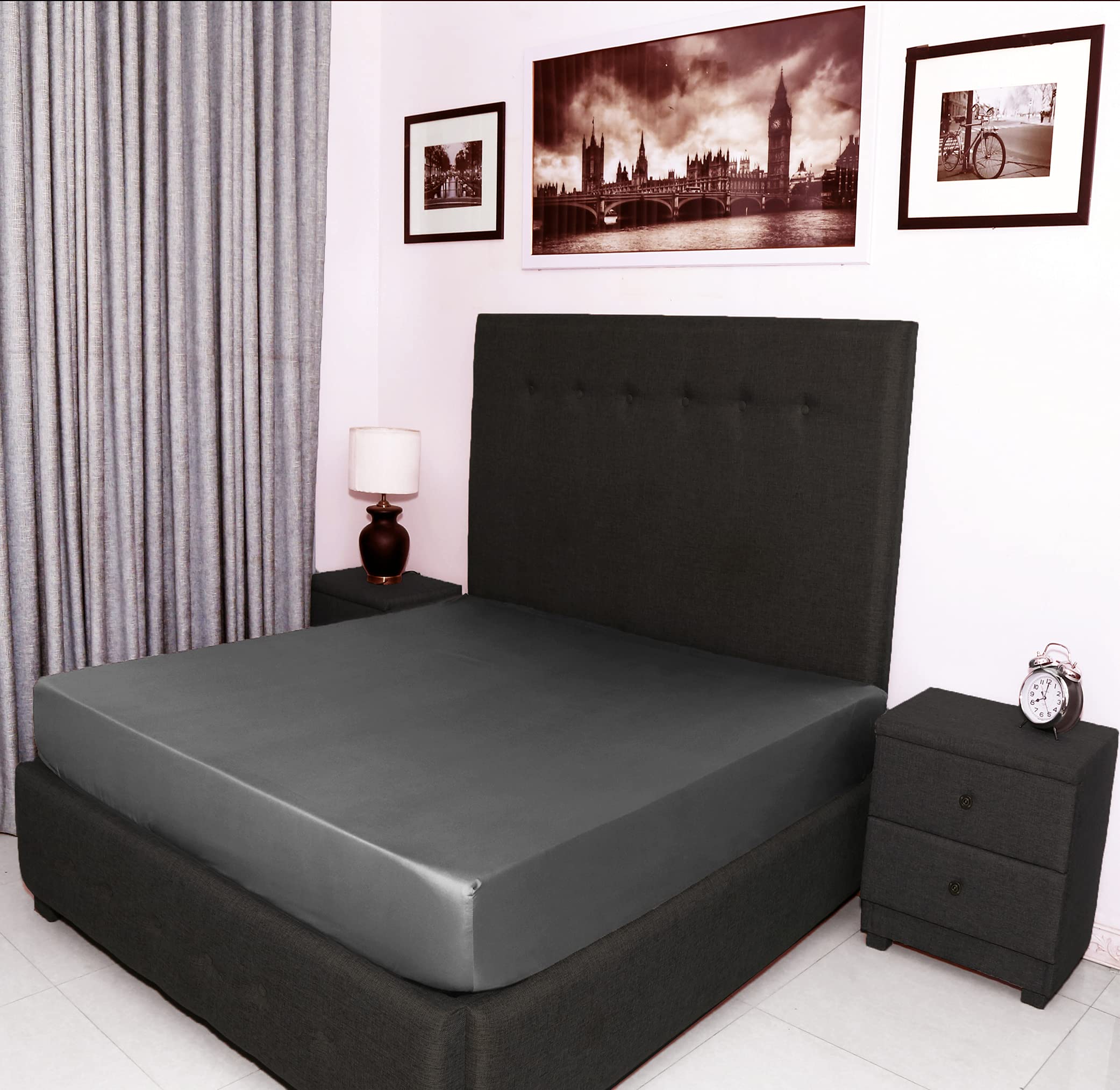 Bed Thread - Egyptian Cotton King Fitted Sheet, 400 Thread Count Long Staple Cotton Sateen King Bed Fitted Sheet Bed Sheet, 100% Cotton Charcoal Grey Deep Pocket Fitted Sheet Mattress Bedsheet King