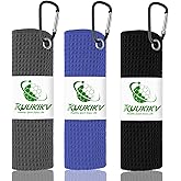 KUUKIKV 3 Pack 16" X 16" Golf Towels for Golf Bags, Premium Waffle-Pattern Golf Towel with Carabiner Clip, Super Absorbent Microfiber Towel, Golf Accessories for Men, Black-Blue-Gray Colors