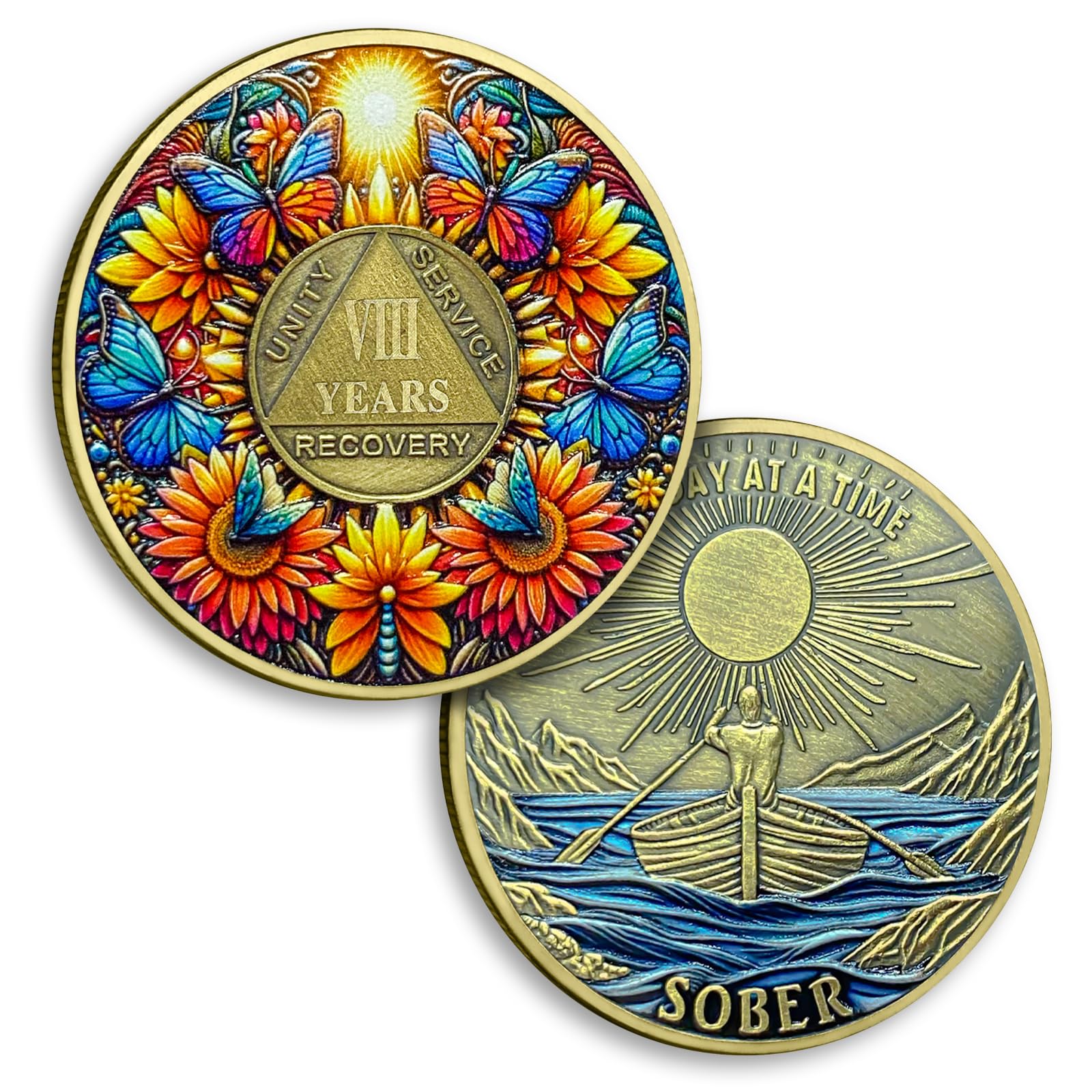 8 Years Sobriety Coin Eight Year Flower Sobriety Coins Butterfly AA Chips and Medallion Sun Chips Recovery Anniversary Token Sobriety Gifts for Men Women Alcoholics Anonymous Gift