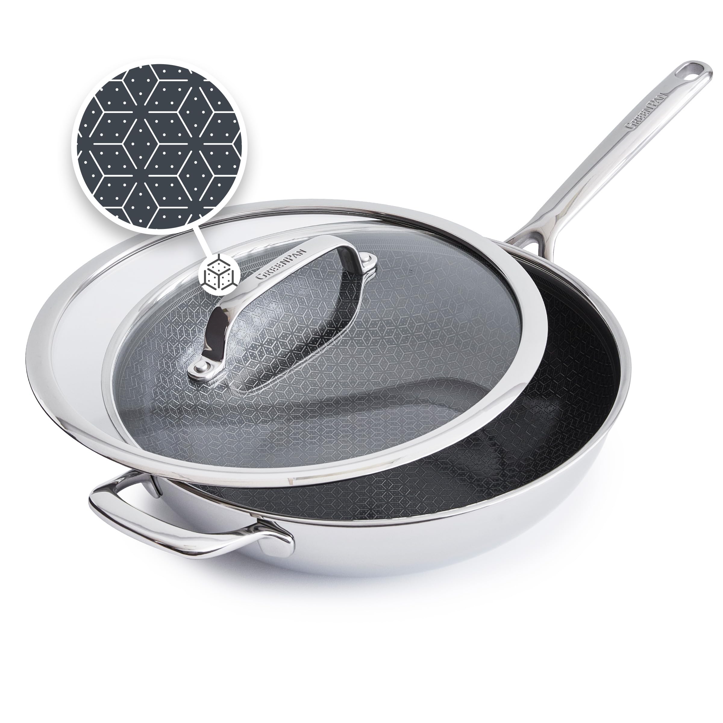 Photo 1 of GreenPan Spectra 12" Wok Pan with Lid, Hybrid Tri-Ply Stainless Steel, PFAS-Free Ceramic Nonstick Textured Cooking Surface, Induction Cookware, Diswasher Safe, Oven & Broiler Temp to 850?F