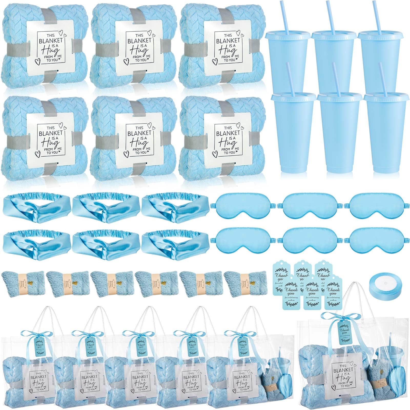 Photo 1 of Nuogo 6 Set Baby Shower Prizes for Player Winners Adults Include Plastic Tumbler Blanket Eye Masks Silk Headband Bag Socks Tag Ribbon, Baby Shower Player Winners Bridal Game Gifts (Blue)
