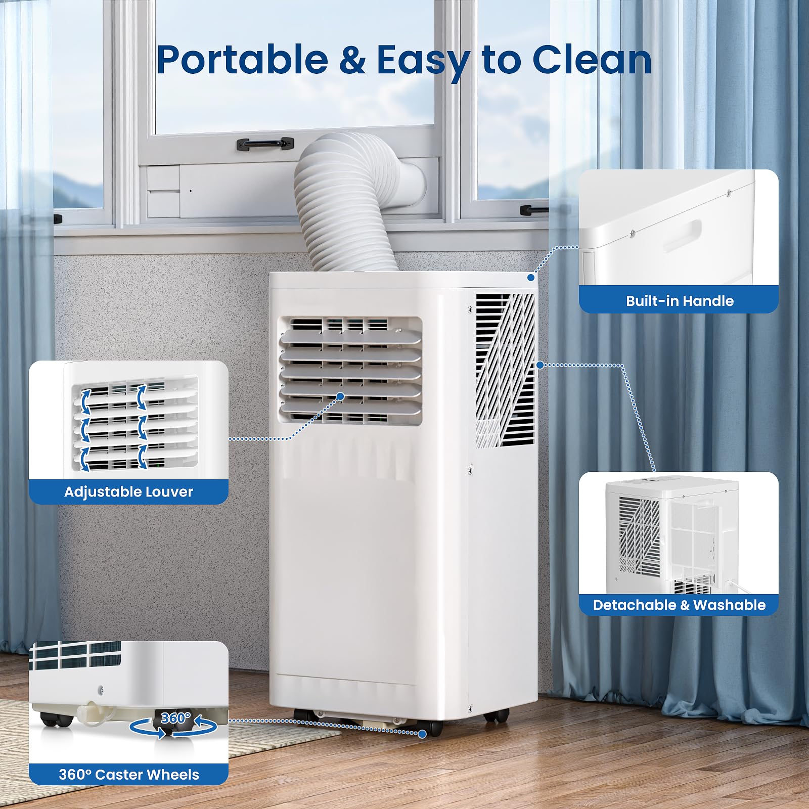 ZAFRO Portable Air Conditioners, 10000 BTU, 3 in 1 Portable AC Unit with Window Kits, Fan & Dehumidifier Modes, Cools up to 450 Sq.Ft, LED Display/Remote Control, 24H Timer for Living Room, Bedroom
