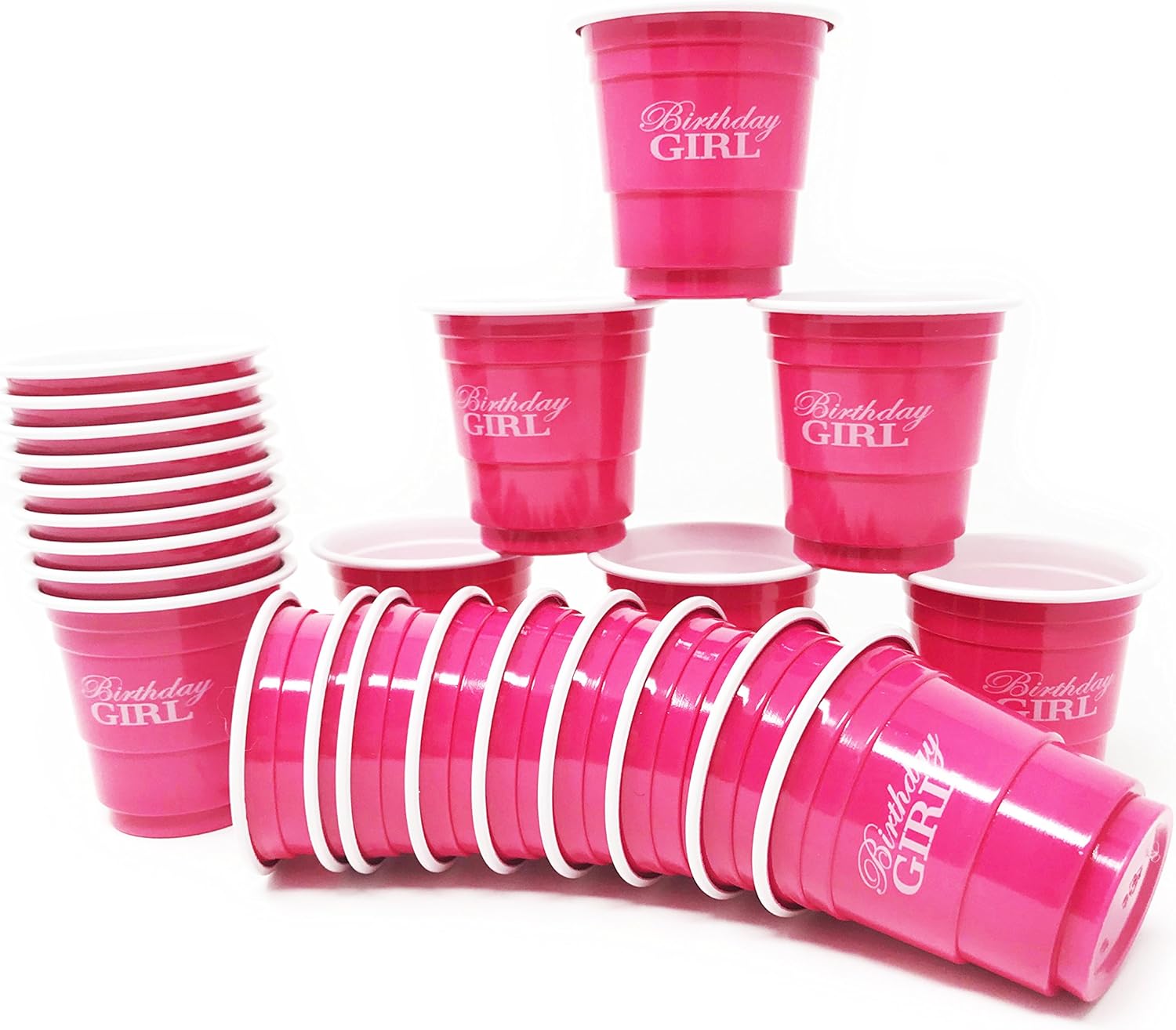 24ct Mini Pink Birthday Girl Cups 2oz Plastic Disposable Shot Glasses