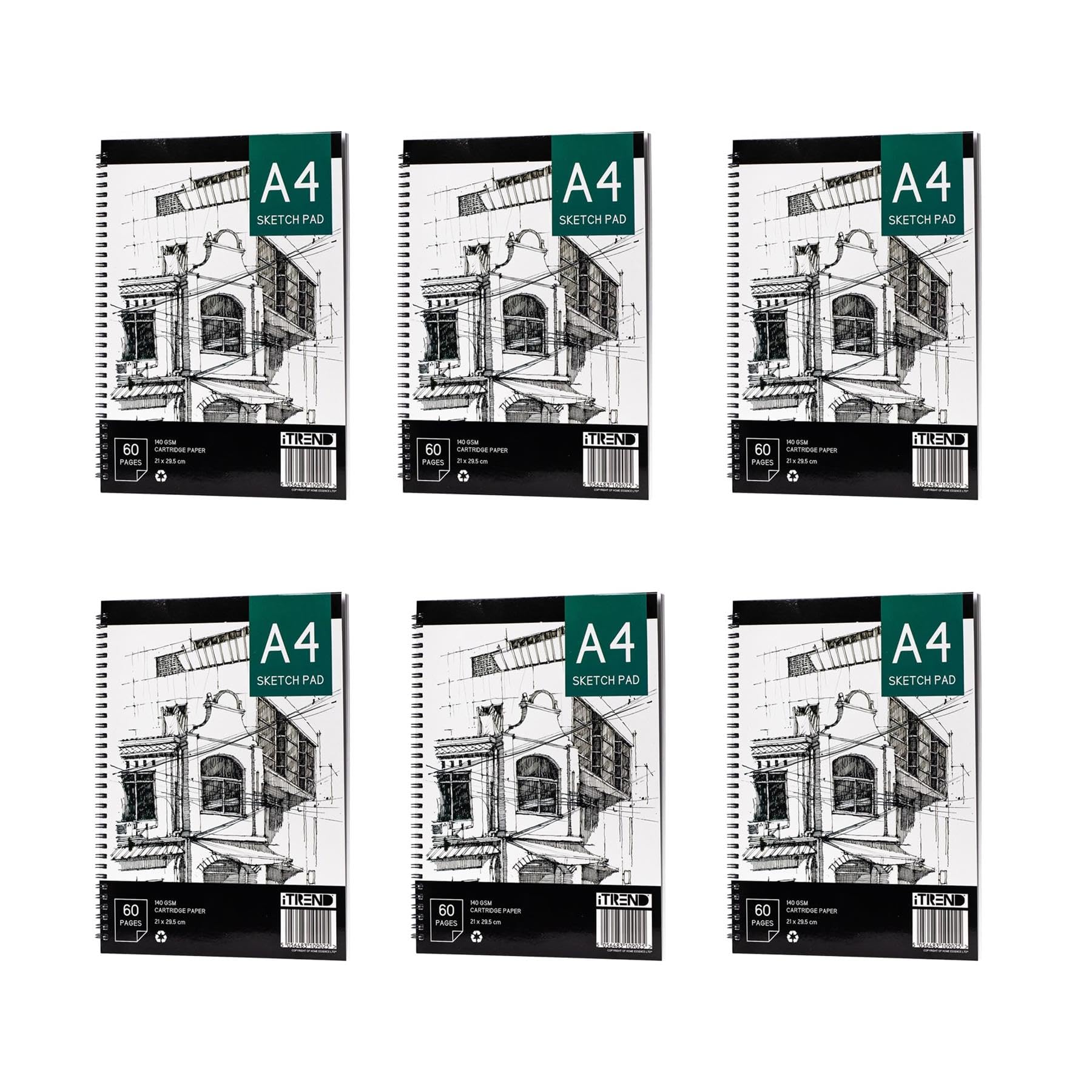 iTrend A4 Artist Sketch Book - Spiral Sketchbook - White Cartridge Art Drawing Paper - A4 60 Pages Sketch Pad - 140GSM Cartridge Paper - 21 x 29.5cm - Pack of 6
