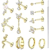 Florideco 20G 18G Threadless Flat Back Earrings Hypoallergenic Push in Stud Earrings 14K Gold Plated 316L Surgical Steel Stud Hoop Earring Sets Cartilage Helix Conch Tragus Nose Piercing Jewelry 12pcs