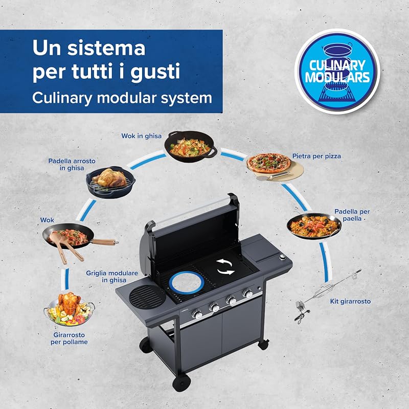 4 Series Classic LS Plus Gas Grill Barbecue con 4 Bruciatori, Sistema di Pulizia Facile InstaClean, 2 Tavoli a Lato, Grigio, 160.3 x 60 x 115.6 cm