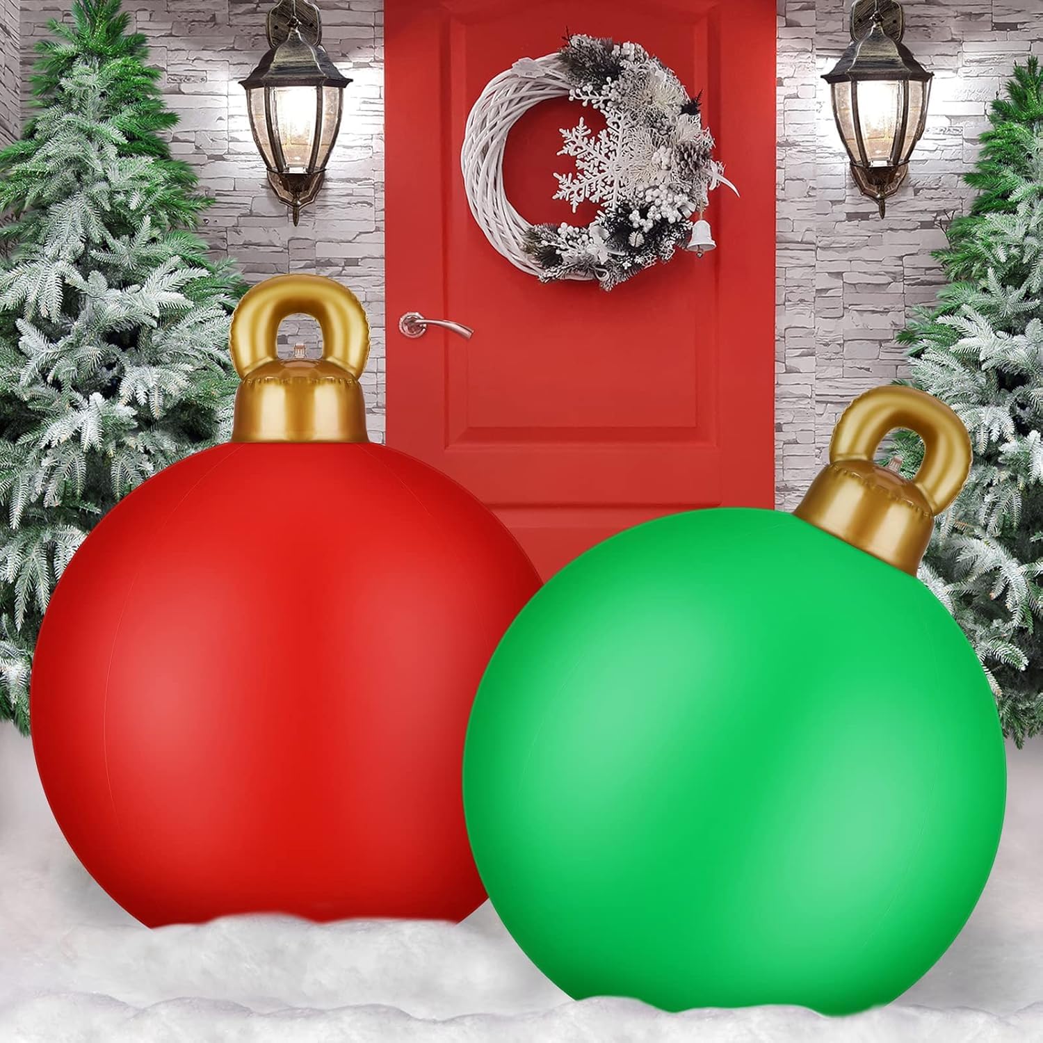 KAHEIGN 2Pcs Giant Inflatable Christmas Balls, 60CM Red Green Blow Up Decoration Ball PVC Inflatable Holiday Ornament for Christmas Indoor Outdoor Home Garden Lawn Yard Porch Decoration