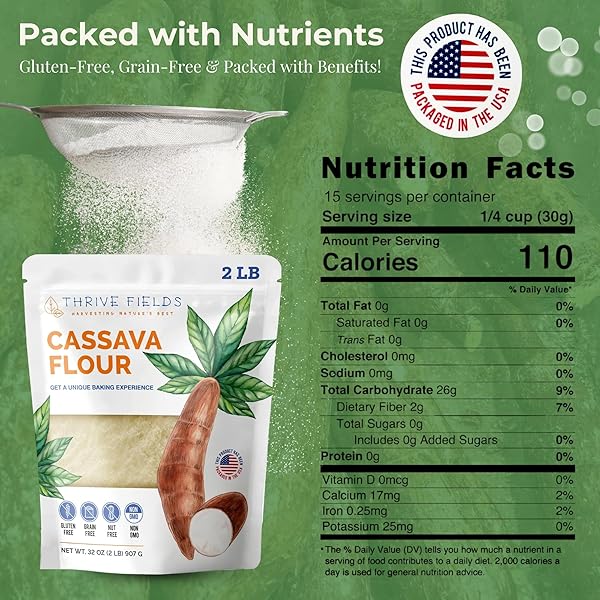 THRIVE FIELDS CASSAVA FLOUR – ALL-PURPOSE YUCA ROOT FLOUR FOR BAKING – GRAIN AND NUT FREE, NON GMO – GREAT FOR TORTILLAS, PANCAKES, PASTA, COOKING & MORE – 2 LB BAG