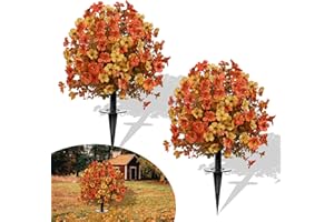 FAJUNZH 23" Set of 2 Orange Artificial Boxwood Topiary Flowers Ball with Spikes for Outdoor Fall Decorations, Faux Greenery Shrubs,Fake Bushes Plants for Garden, Yard, Front Porch（Orange）