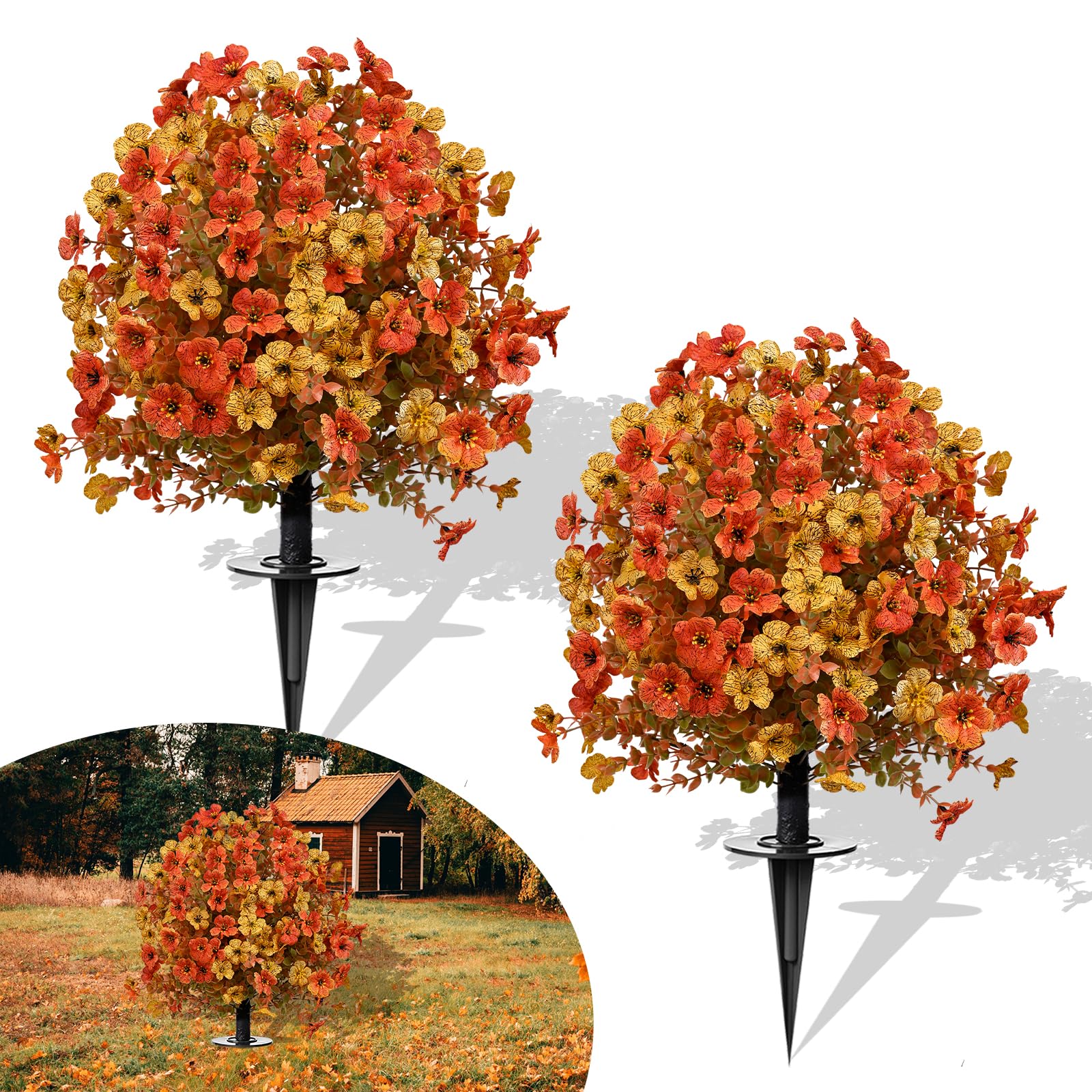Photo 1 of 23" Set of 2 Orange Artificial Boxwood Topiary Flowers Ball with Spikes for Outdoor Fall Decorations, Faux Greenery Shrubs,Fake Bushes Plants for Garden, Yard, Front Porch?Orange?