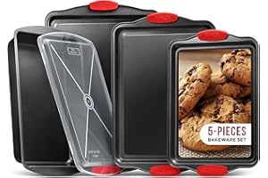 BAKKENMASTER Nonstick Cookie Sheet Pans Set of 5 - Professional Quality Carbon Steel Baking Sheet Trays with Gray Coating Inside & Outside – Small, Medium, Large Pans, Roaster Pan, and Plastic Lid
