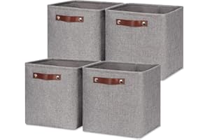 HNZIGE Collapsible Storage Basket,(4Pack) Cube Storage Baskets for Organizing Shelves,Fabric Baskets for Storage,11x11 Storage Basket for Dog Toys,Closet,Book,Clothes Storage with Handles(Grey)