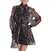 BCBG Womens Long Sleeve Tie Neck Organza Overlay Mini Dress
