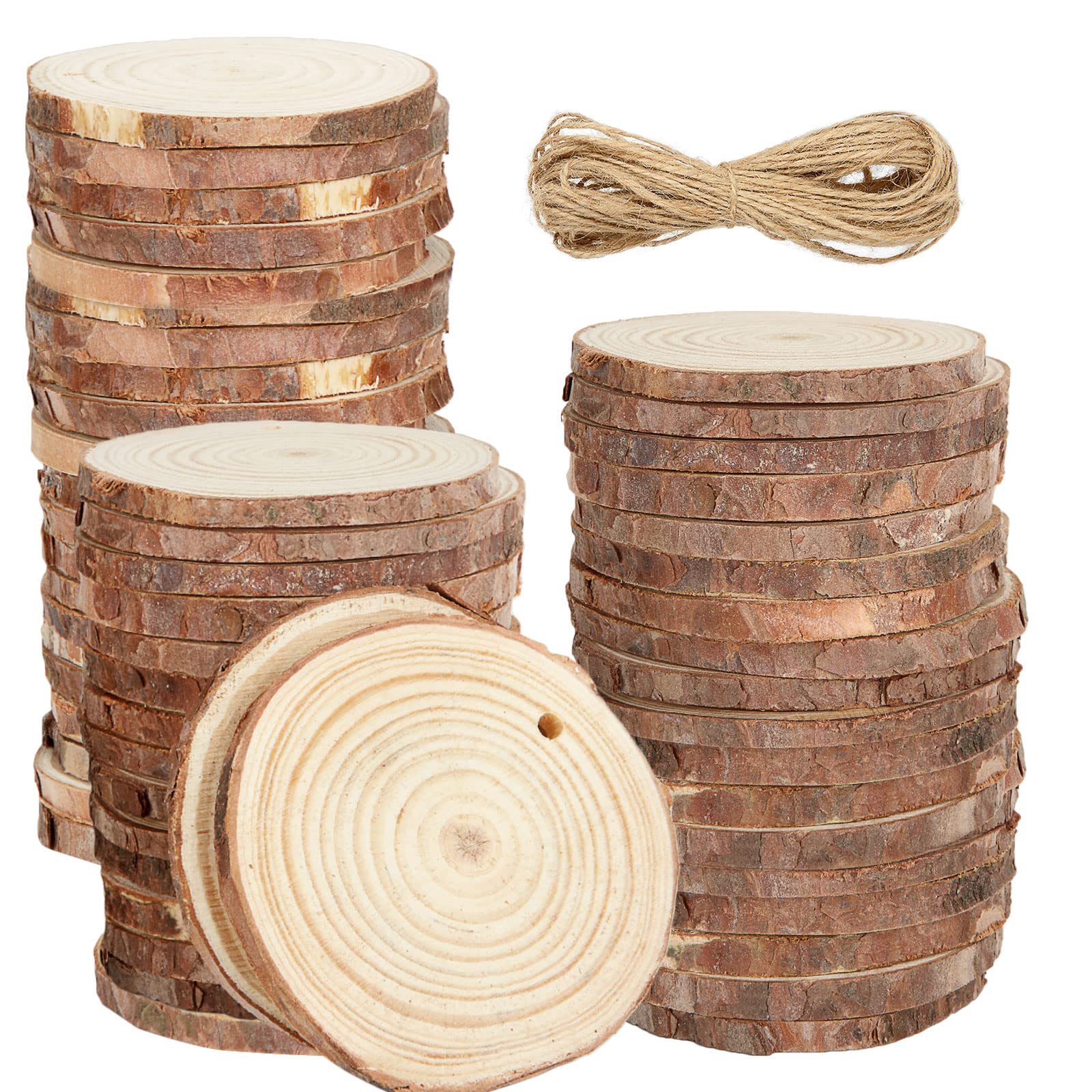 YOUNTHYE 60PCS Wood Slices, 7-8cm Small Wooden Discs with Holes, Unfinished Natural Log Slices for Crafts, Wooden Circles with Bark for Wedding Decorations Christmas Ornaments