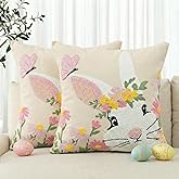 AVOIN colorlife Easter Spring Rabbit Floral Embroidered Decorative Throw Pillow Covers, 18 x 18 Inch Butterfly Bunny Tufted Patterned Linen Cushion Case for Bedroom Living Room Sofa Couch Set of 2