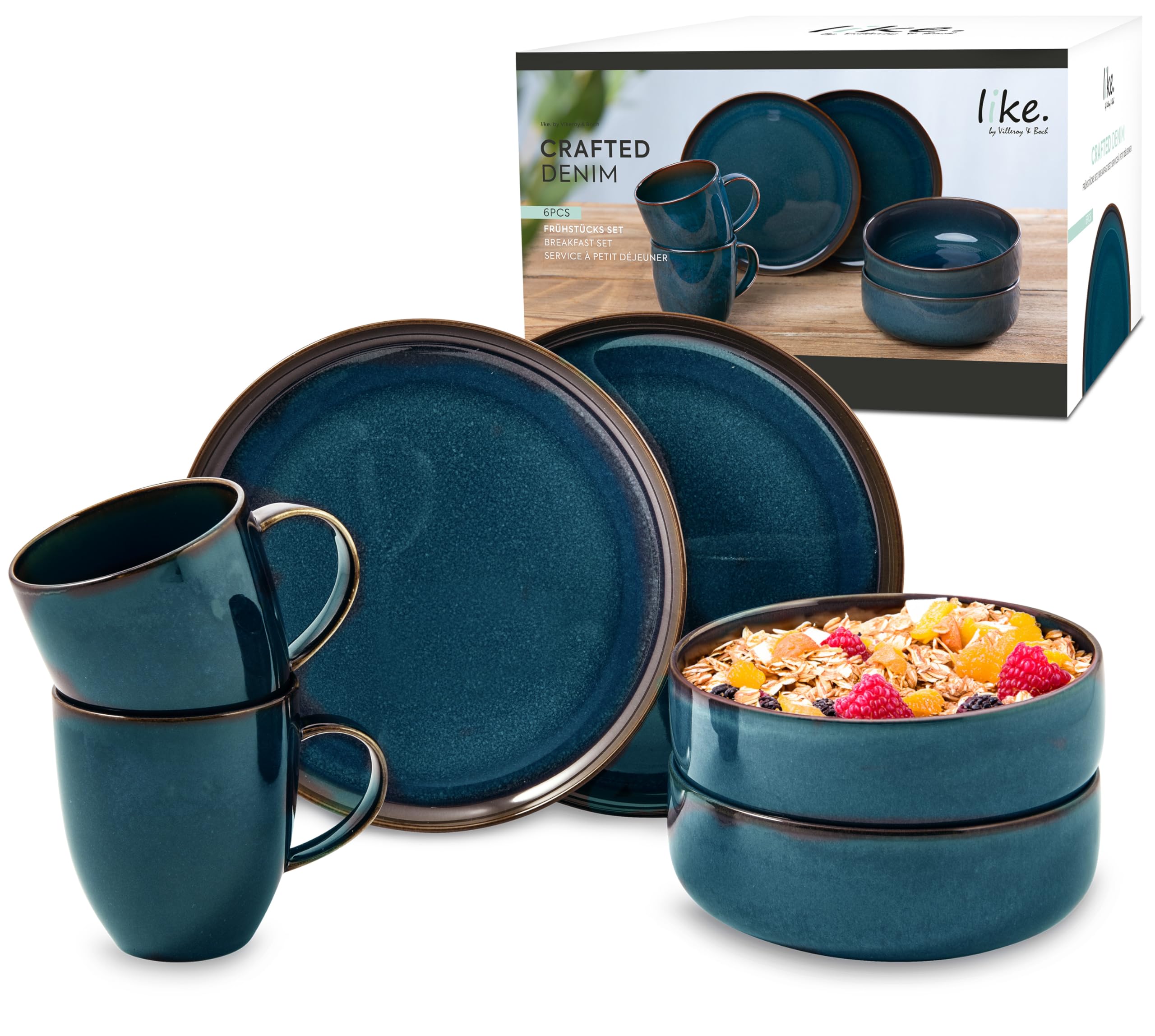 Like by Villeroy & Boch Crafted Denim Breakfast Set 6-Piece Premium Porcelain Blue