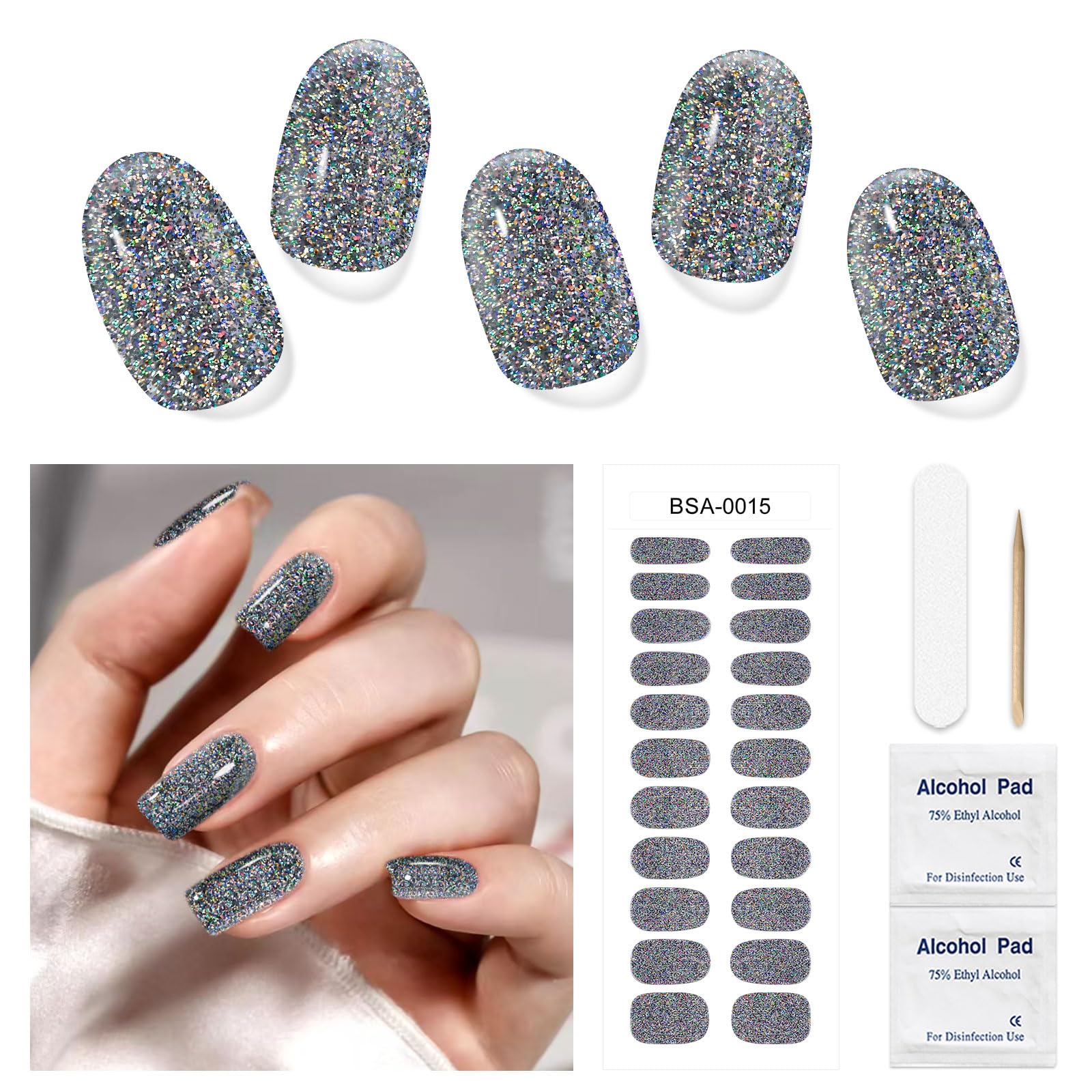 DUKASOU Semi-Cured Gel Nail Strips, 22 Pieces Real Nail Polish Stickers, Gel Nail Stickers, Decals, Long-Lasting Nail Polish Strips for Women and Girls(Sparkle Black)